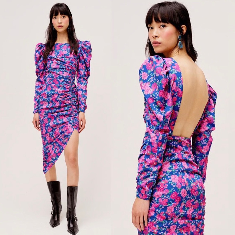 NWT For Love And Lemons Annie midid Floral Long Sleeve Dress in cobalt Blue XS/S - Picture 4 of 15